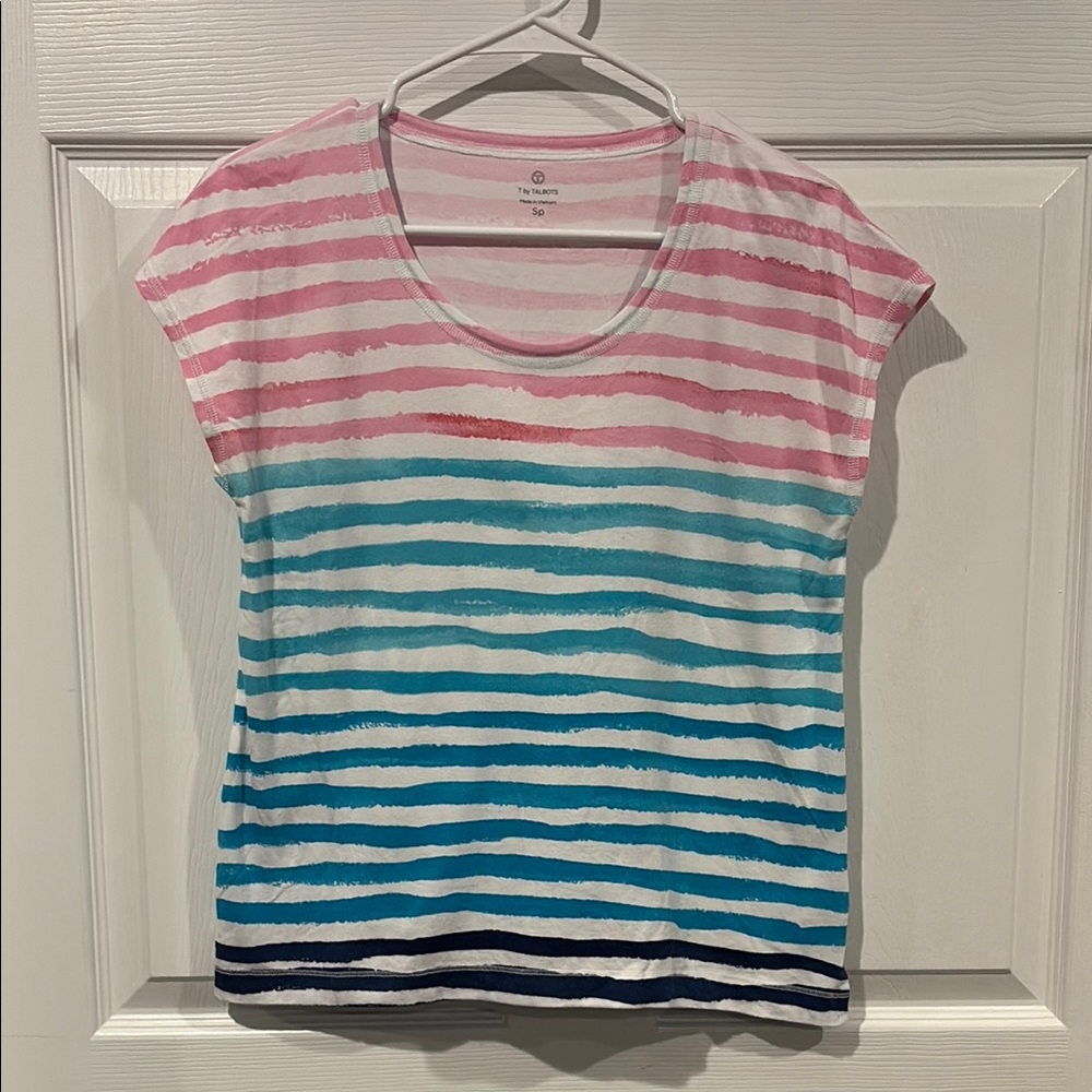 Talbots Pink Aqua Navy Striped Short Sleeve Scoop Tee